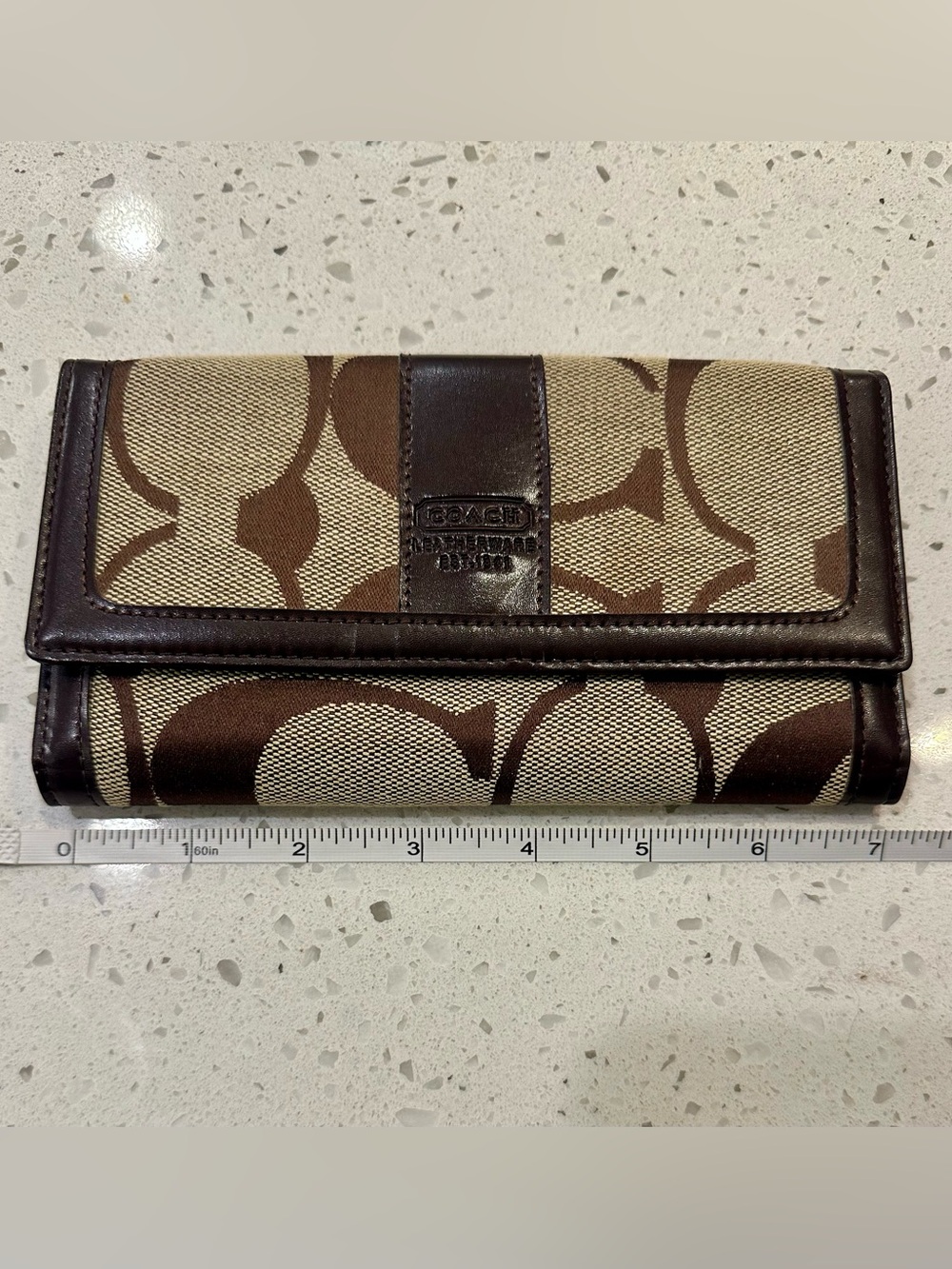 Coach Brown Signature Canvas Trifold Wallet with Dark Brown Leather Trim